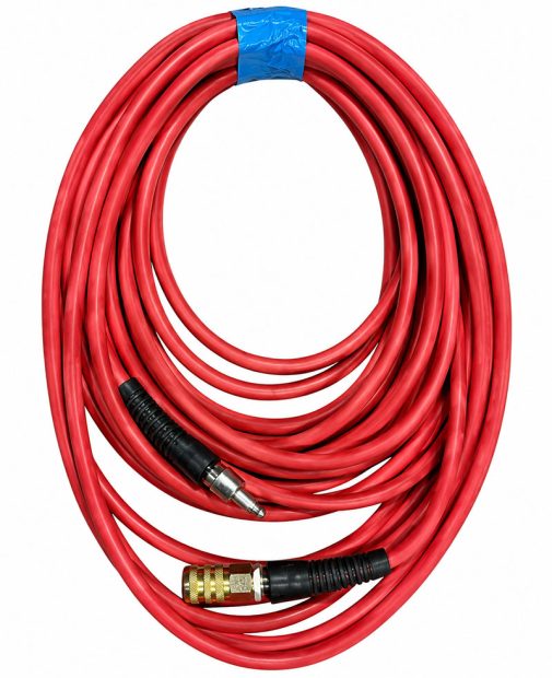 Red air compressor hose with quick-connect fittings