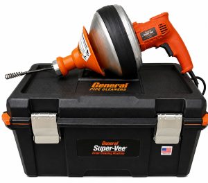 General Super-Vee drain cleaning machine with cable and carrying case