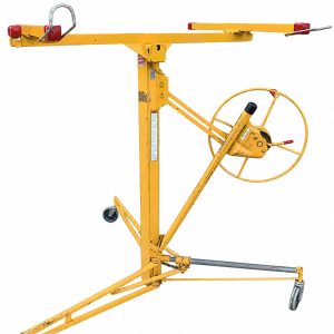 Drywall panel lift with hand crank and wheeled base