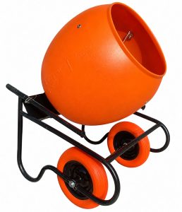 Portable concrete mixer with rotating drum and wheeled frame