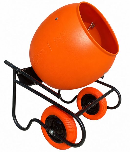 Portable concrete mixer with rotating drum and wheeled frame